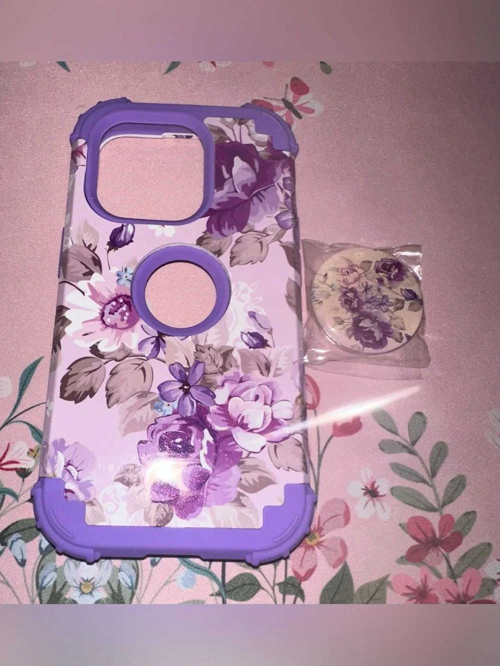 Purple Floral Protective Case with Matching Floral PopSocket- I Phone 15 Pro